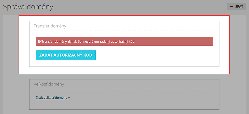 Nesprávny autorizačný kód pri trasfere domény