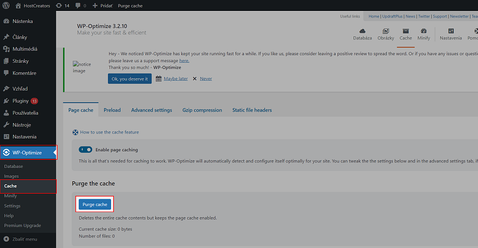 Zmazanie cache vo WP Optimize plugine
