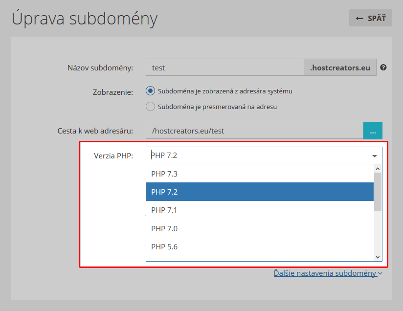 Zmena verzie php pre doménu