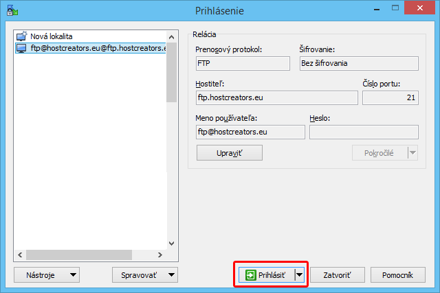 Pripojenie k FTP lokalite