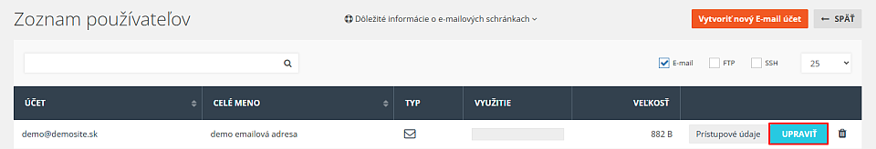 Upraviť nastavenia emailu