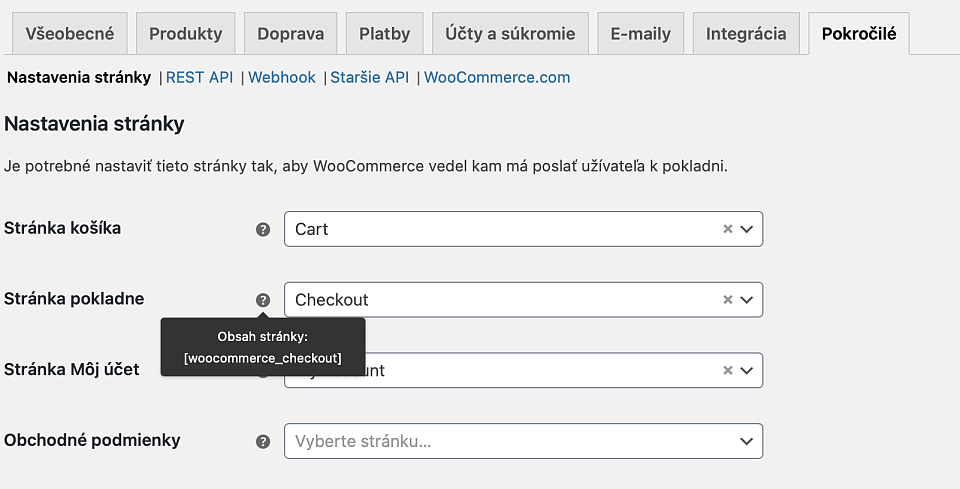 Nastavenie stránky vo WooCommerce