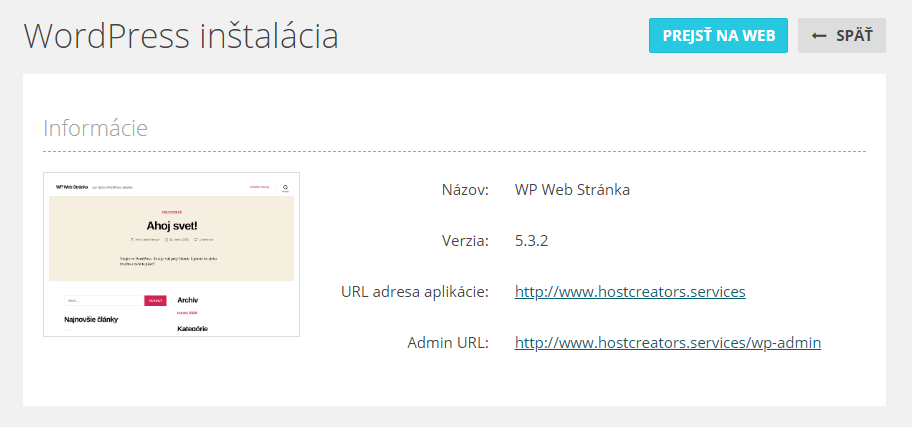 Informácie o WordPress inštalácii