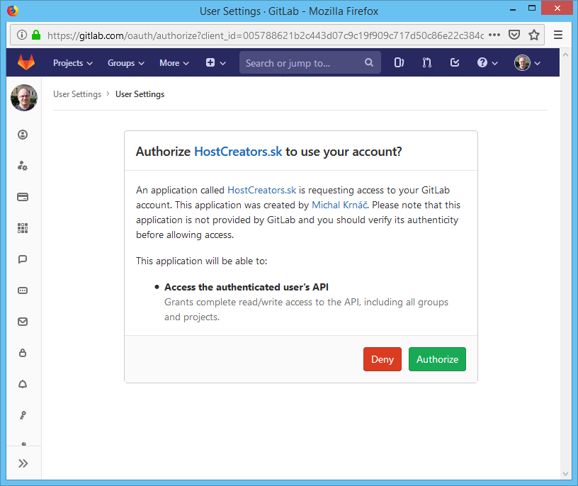 Autorizácia GitLab účtu