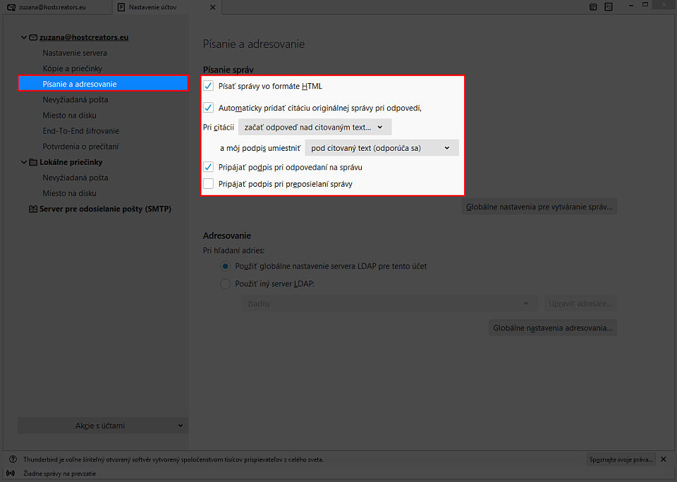 Nastavenia podpisu v Thunderbirde