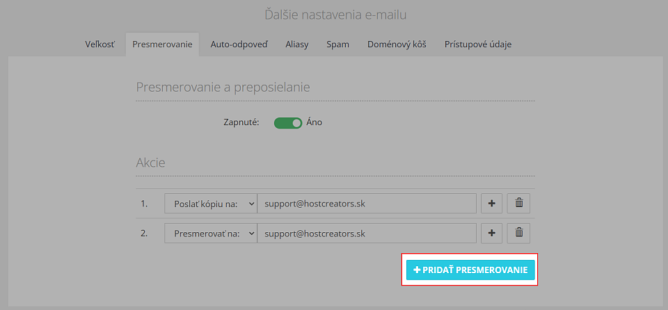 Pridať presmerovanie emailu