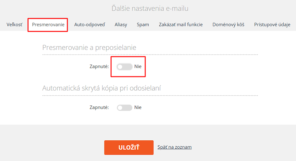 Nastavenie presmerovania emailu