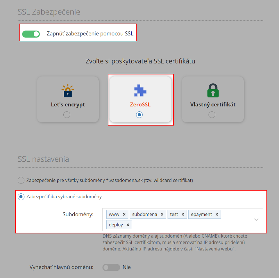 Automatický SSL certifikát ZeroSSL pre vybrané subdomény