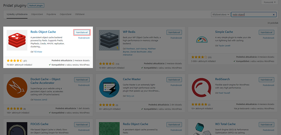 Inštalácia Redis Object Cache pluginu