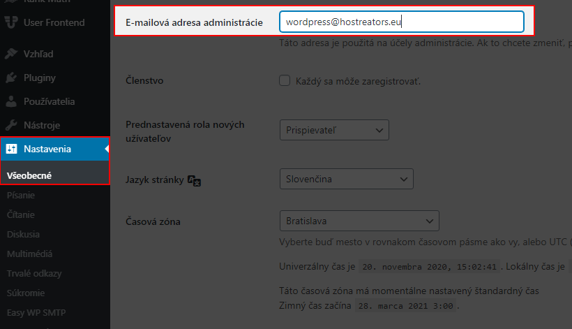 Nastavenia vo WordPress administrácii