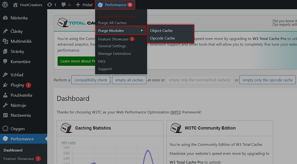 Zmazanie objektovej cache a opcache cez W3 Total Cache plugin