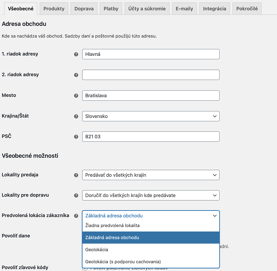 Všeobecné nastavenia pluginu WooCommerce