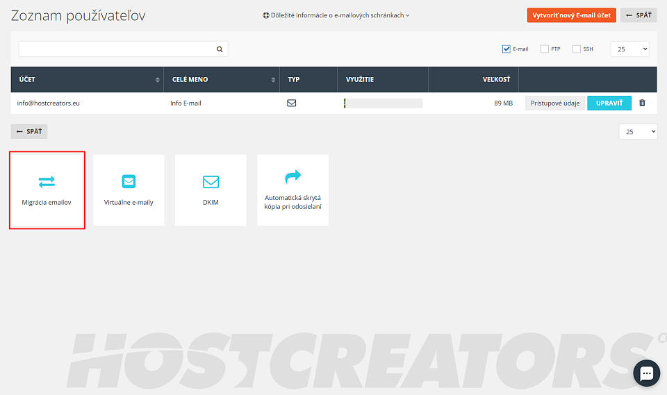 Migrácia emailov do HostCreators