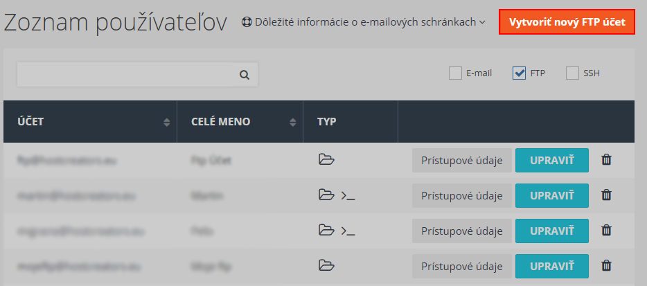 Vytvoriť FTP/SSH účet