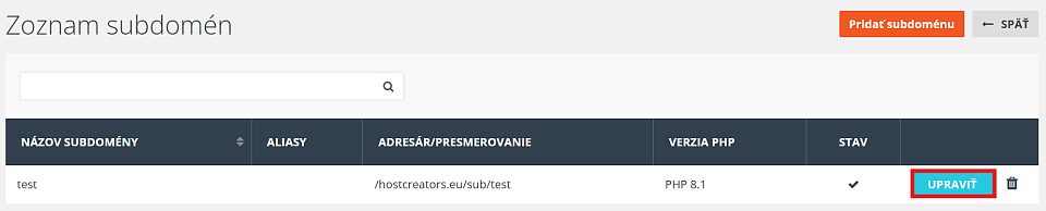 Nastavenie subdomény
