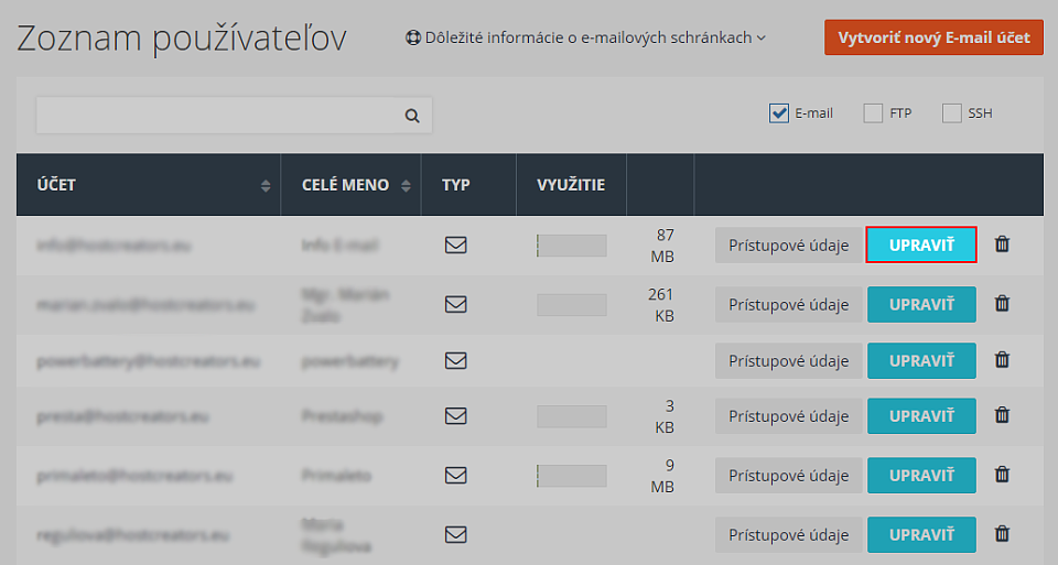 Nastavenia emailovej schránky