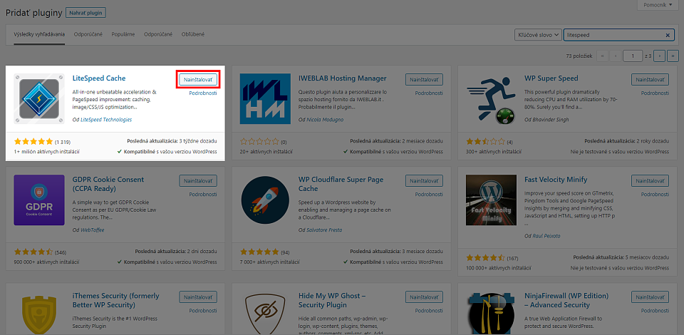 Inštalácia LiteSpeed Cache pluginu
