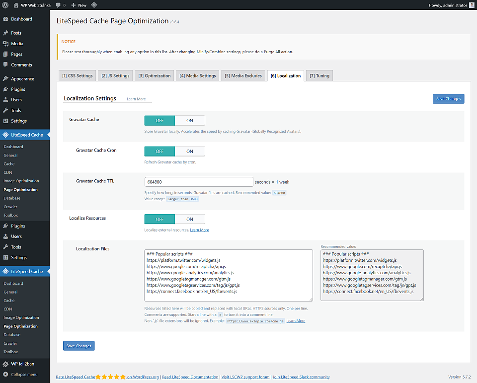 Lokalizácia externých zdrojov v LiteSpeed Cache plugine