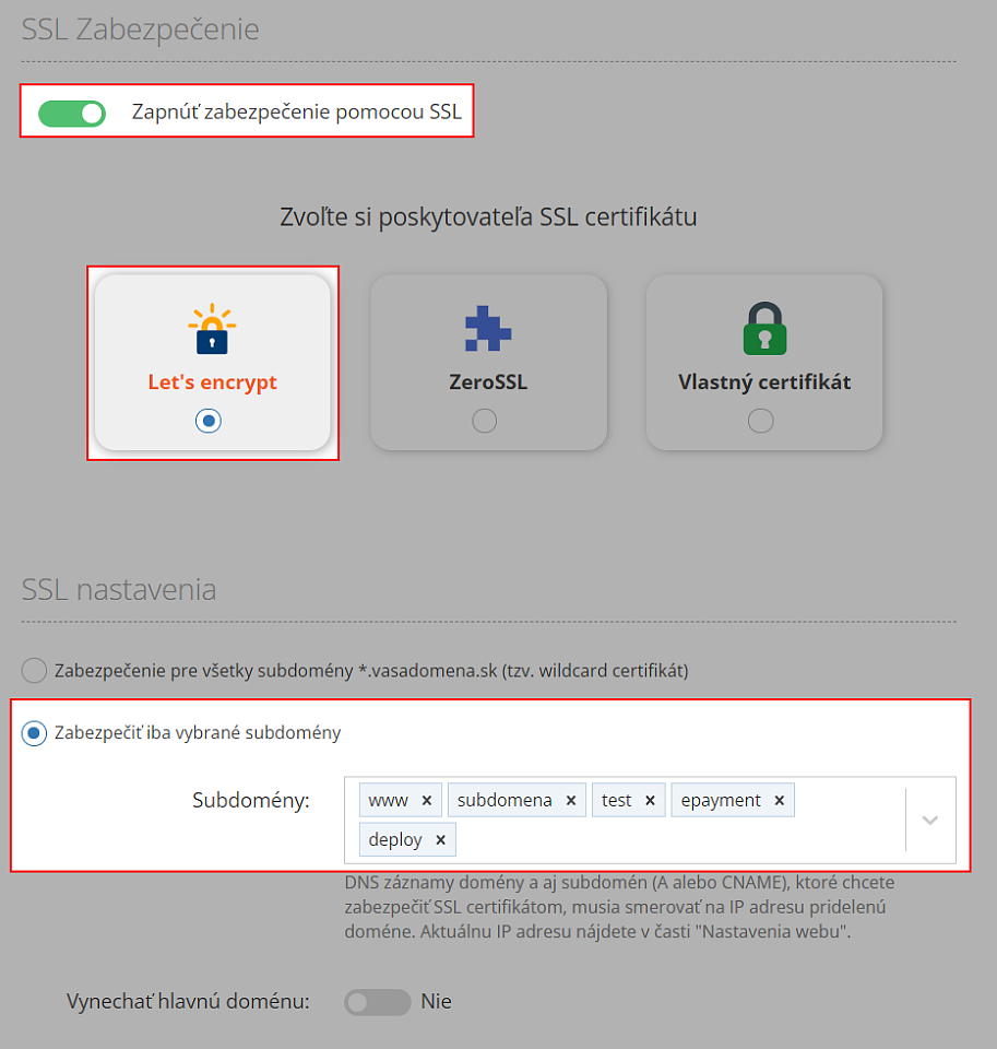 Automatický SSL certifikát Let's Encrypt pre vybrané subdomény
