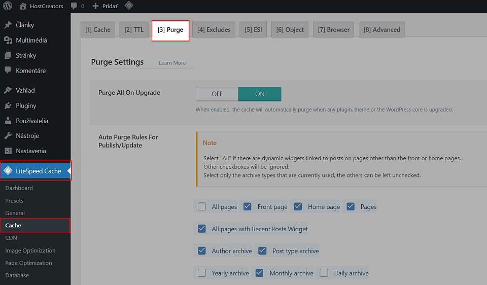 Automatické mazanie cache v LiteSpeed Cache plugine