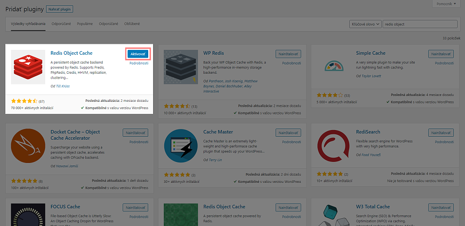 Aktivácia Redis Object Cache pluginu
