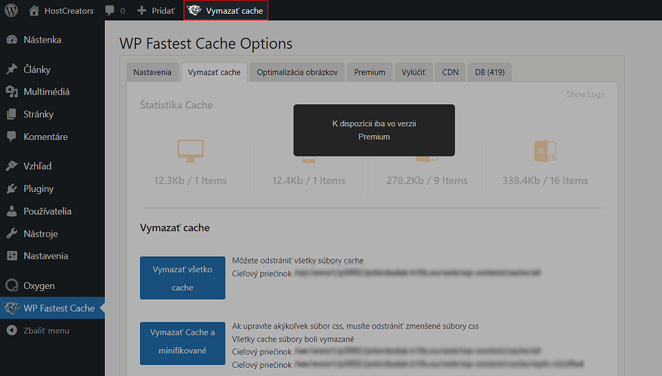 Zmazanie cache cez WordPress plugin WP Fastest Cache