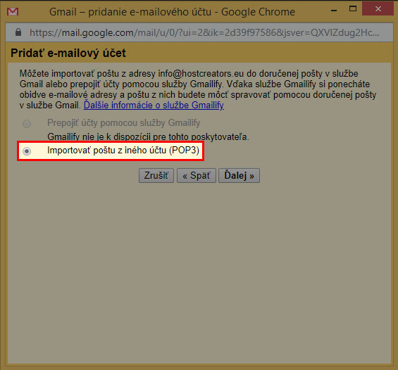 Importovať poštu z iného účtu (POP3)
