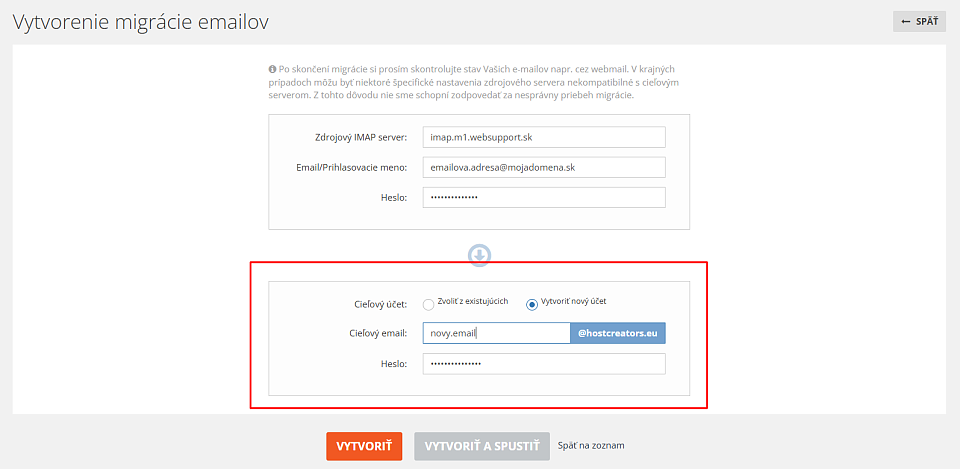 Vytvorenie cieľovej e-mailovej adresy