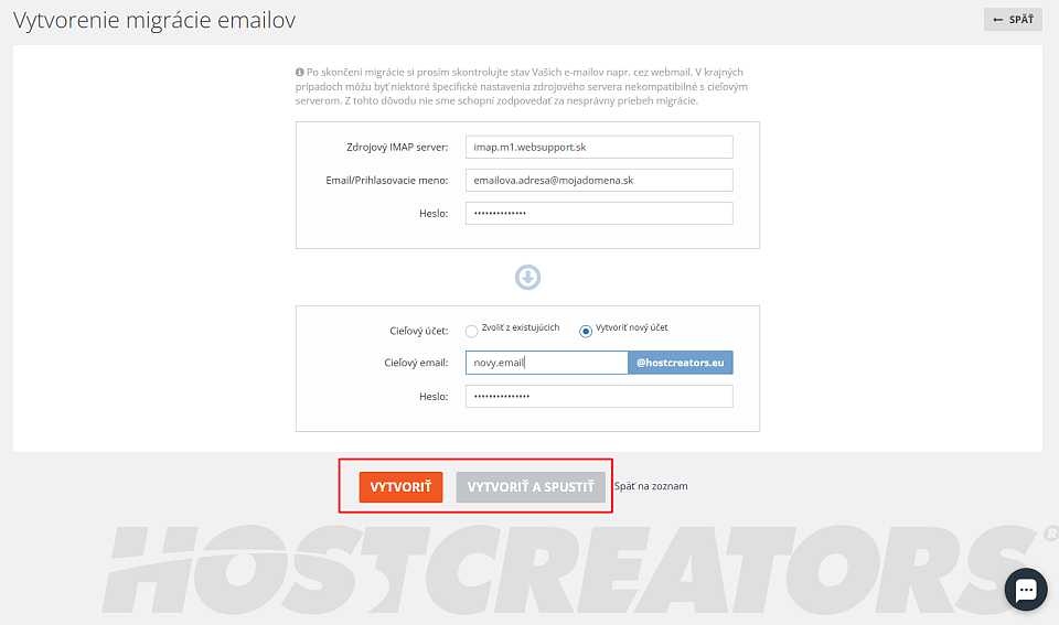 Vytvoriť a spustiť migráciu emailu