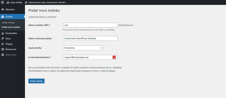 Pridať novú stránku vo WordPress Multisite