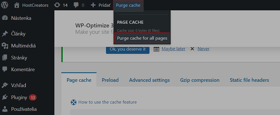 Premazanie vyrovnávacej pamäte vo WP Optimize plugine