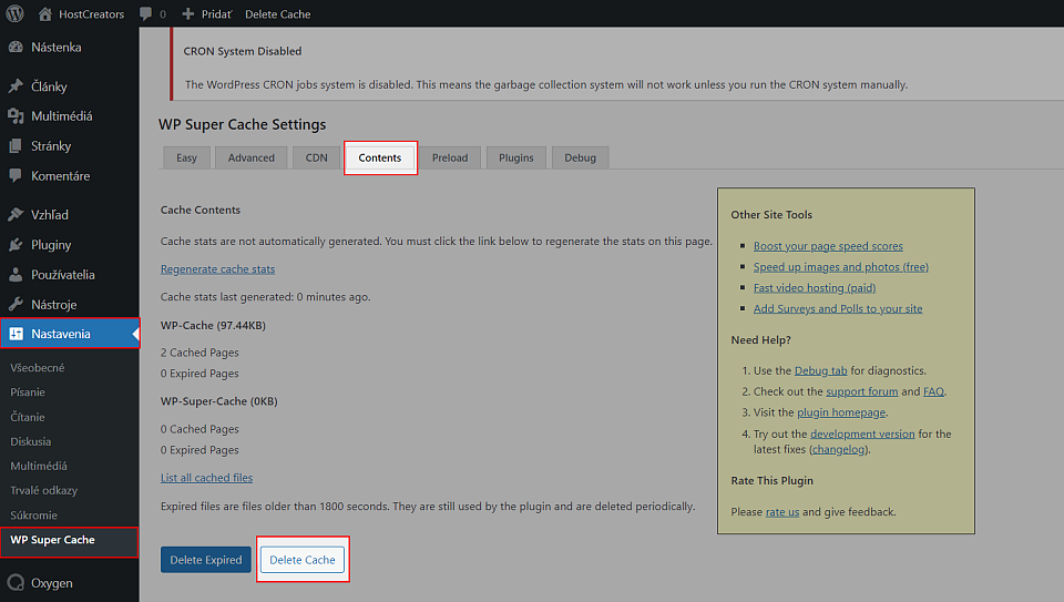 Zmazanie vyrovnávacej pamäte cez WP Super Cache plugin