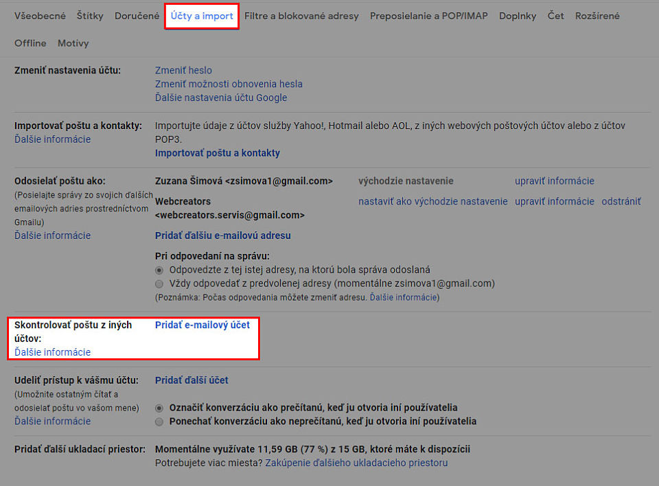 Emailové účty a import