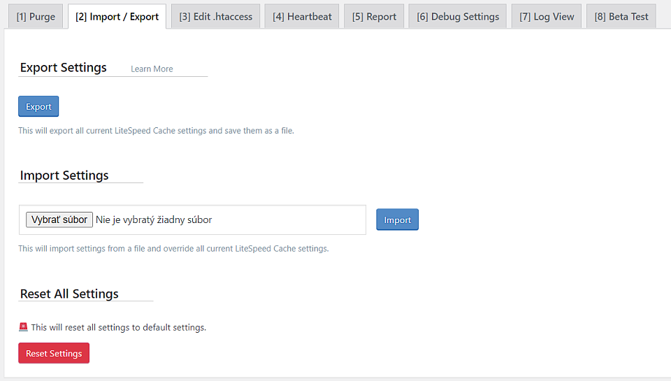 Import a export nastavení LiteSpeed Cache pluginu