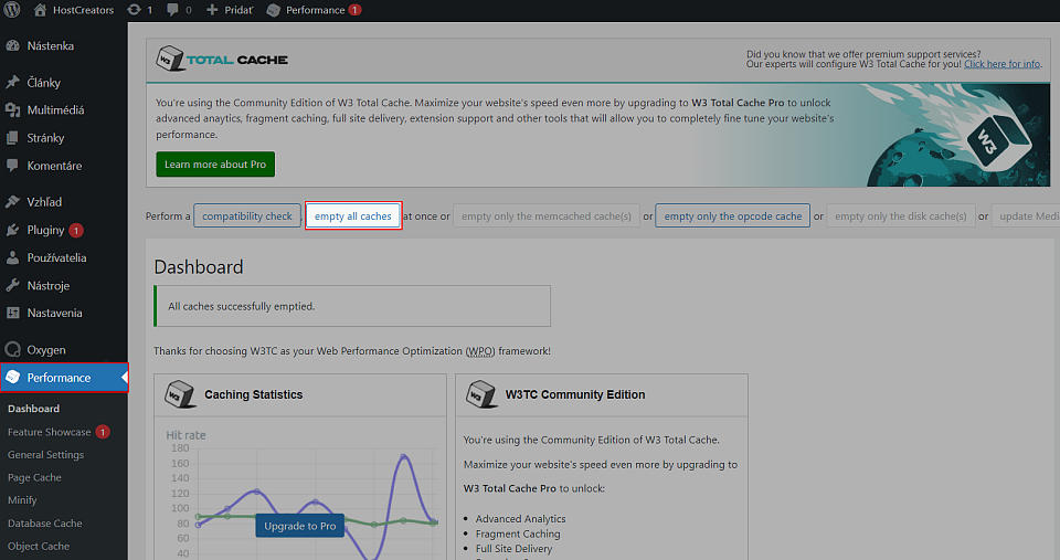Zmazaie cache cez W3 Total Cache plugin