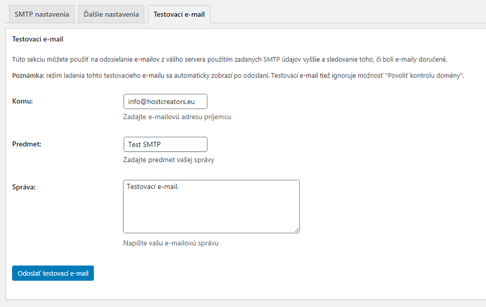 Test funkčnosti odosielania e-mailov cez SMTP