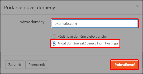 Pridať doménu zakúpenú v inom hostingu