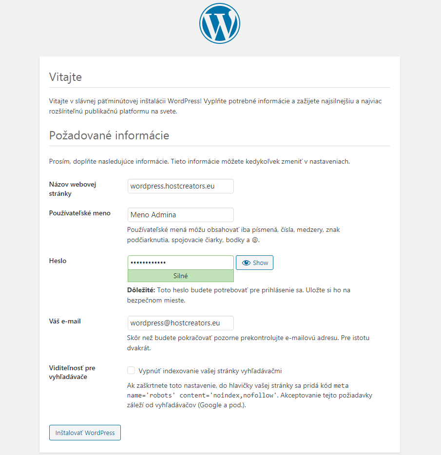 Nastavenie požadovaných informácií k WordPress inštalácii