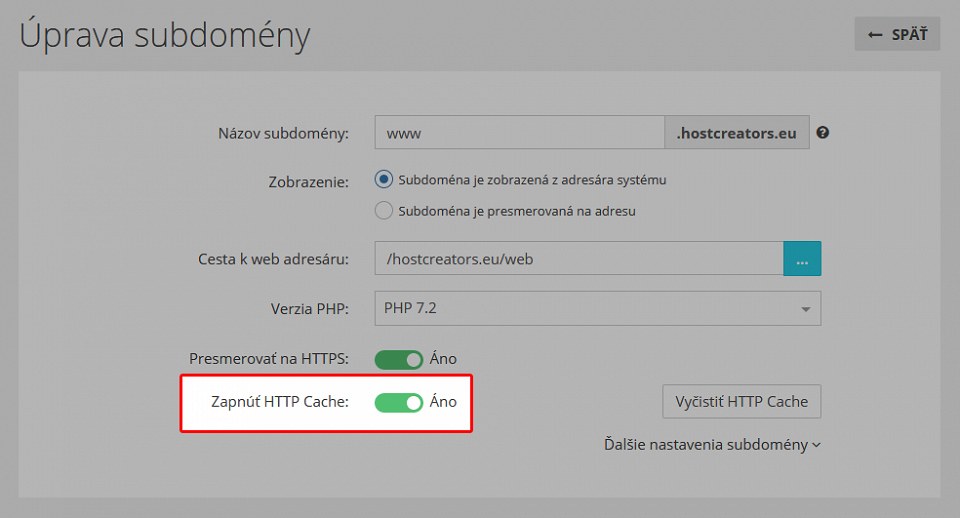 Zapnúť HTTP cache pre subdoménu