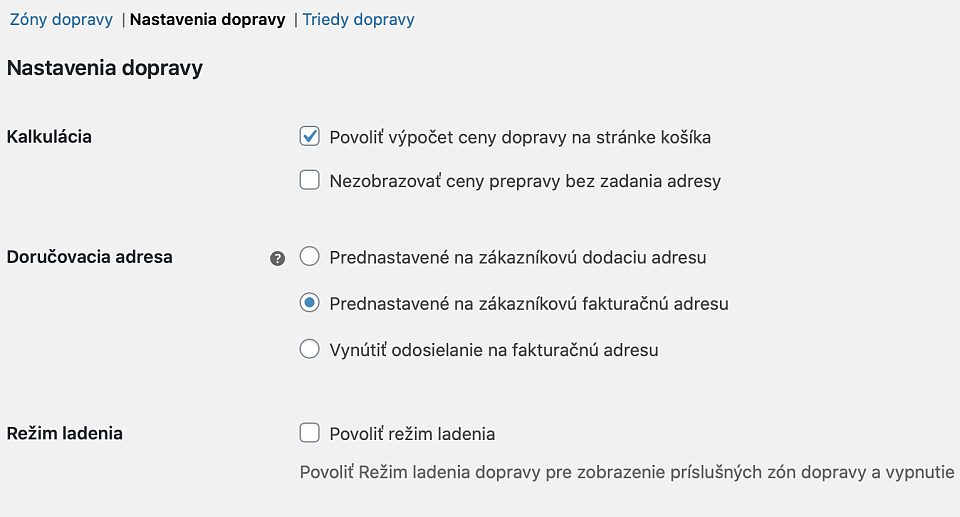 Nastavenia dopravy vo WooCommerce