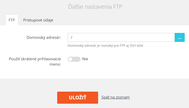 Ďalšie nastavenia FTP | Prístupové údaje