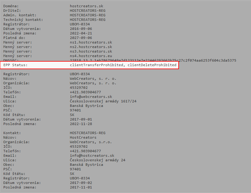 EPP status .sk domény na https://whois.sk-nic.sk