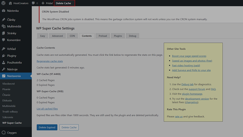 Zmazanie cache cez WP Super Cache plugin