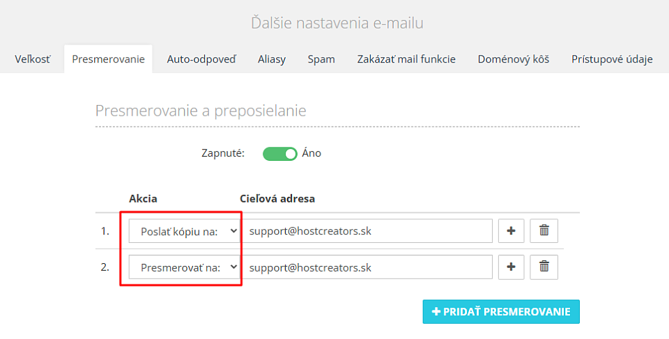 Nastavenie odoslania kópie emailu