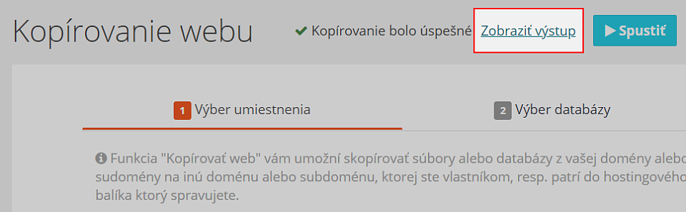 Zobraziť výstup z kopírovania webu