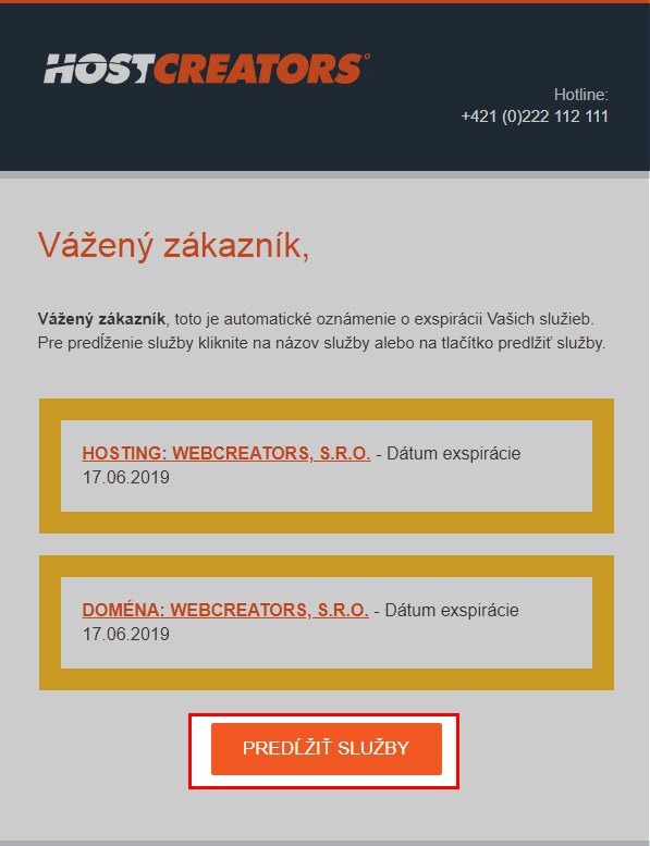 Emailová notifikácia - predĺžiť služby