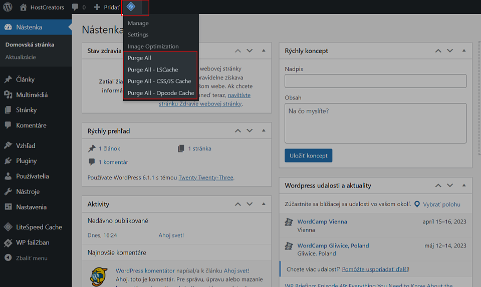 Vymazanie cache v LiteSpeed Cache plugin