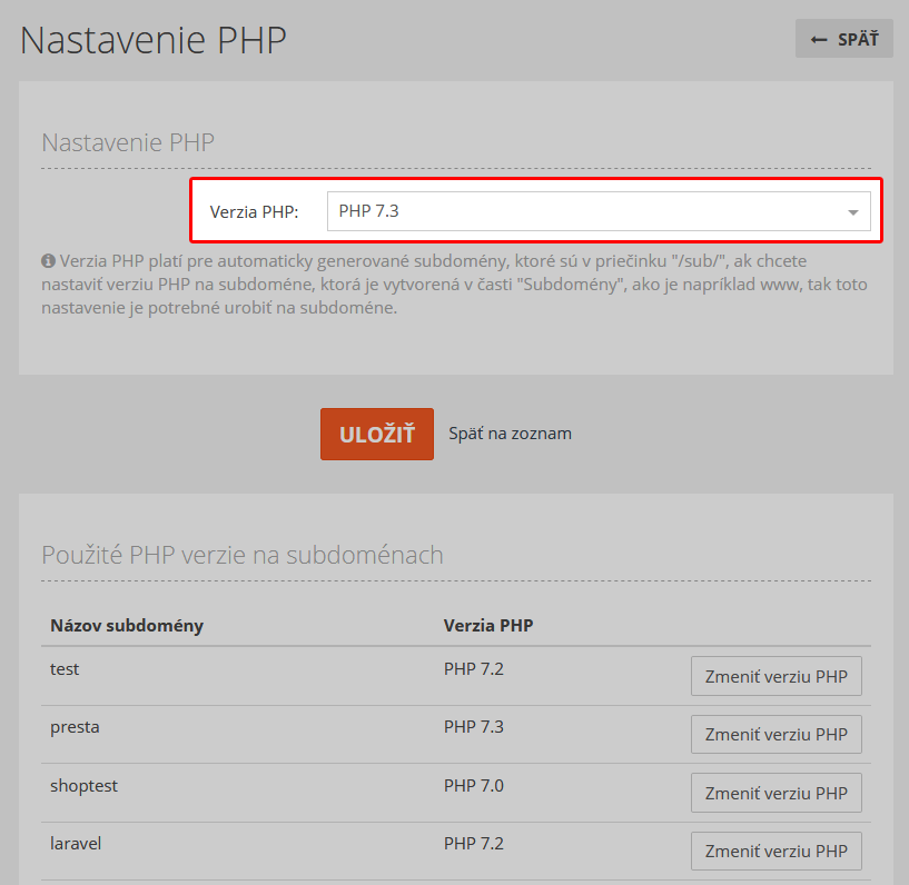 Zmena verzie php