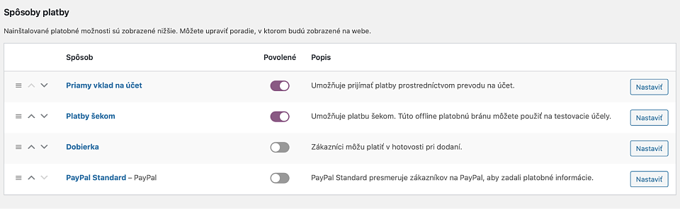 Nastavenia platby vo WooCommerce
