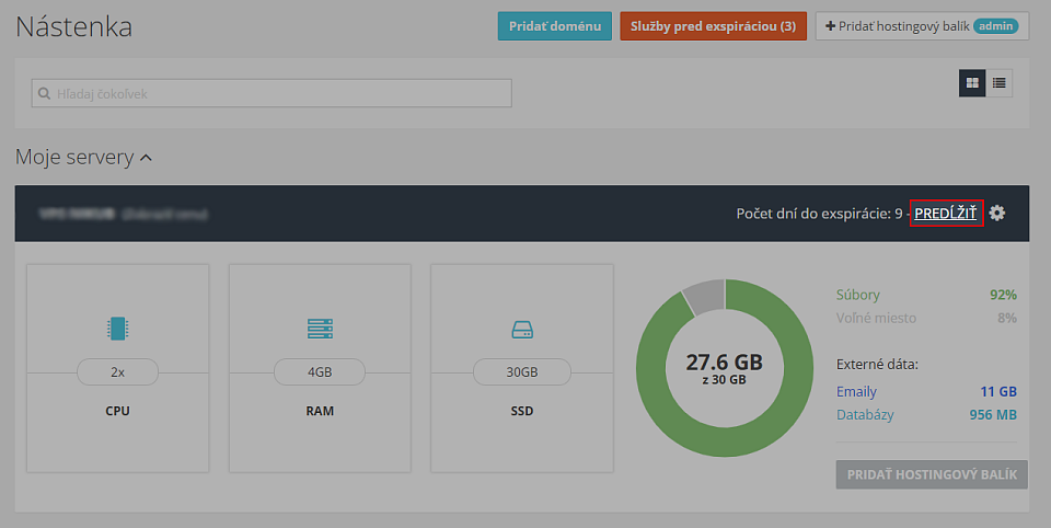 Predĺženie virtuálneho servera